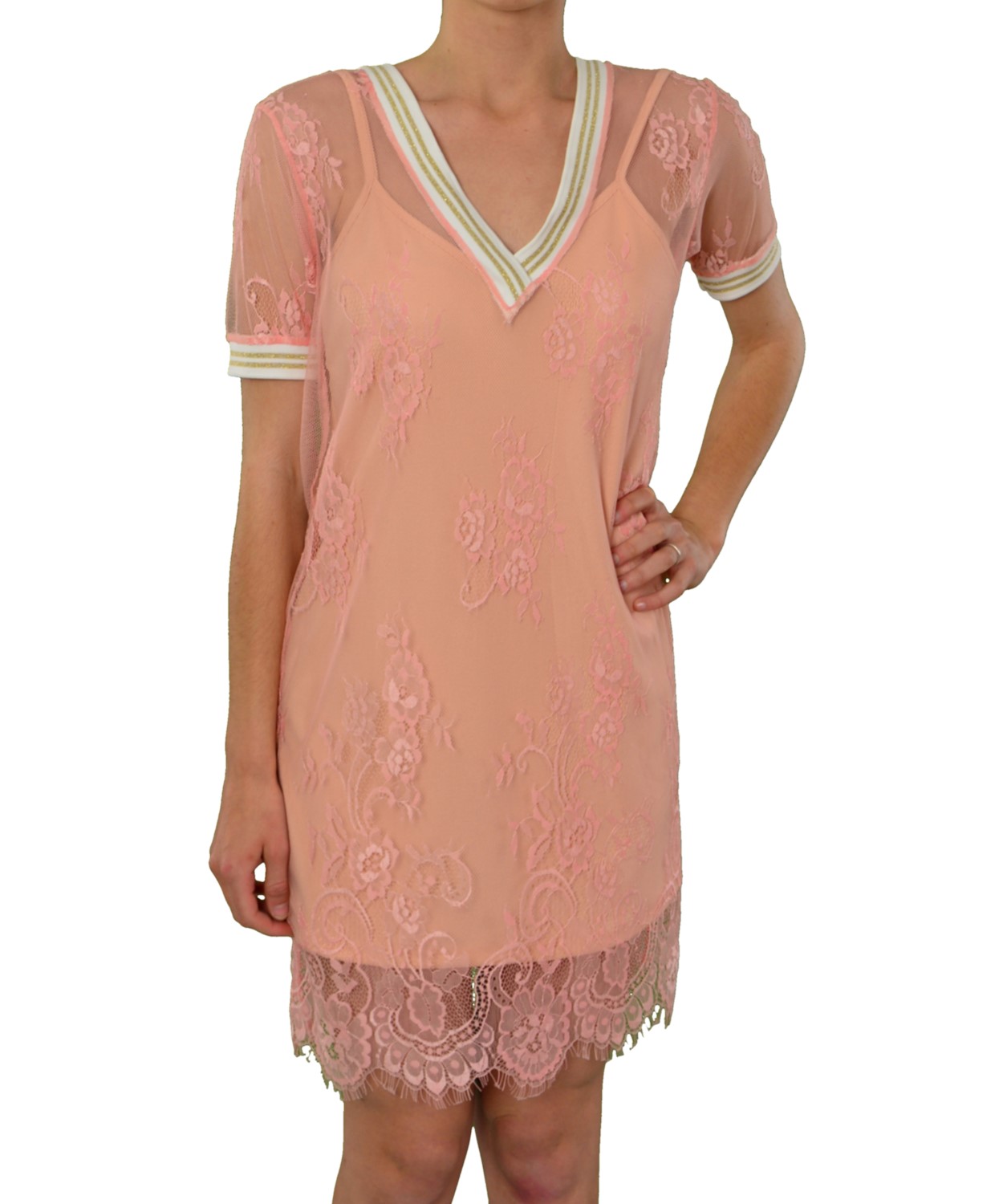 Γυναικείο φόρεμα Coocu ροζ δαντελωτό 91380Q